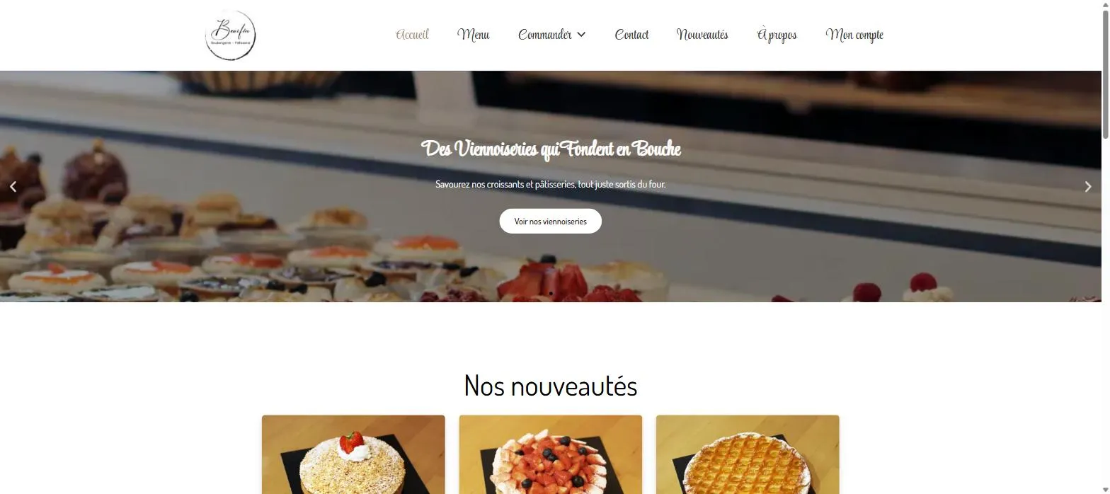 Page d’accueil du site Beurfin : vitrine réfrigérée garnie de tartelettes et de pâtisseries, avec le titre « Des viennoiseries qui fondent en bouche ».