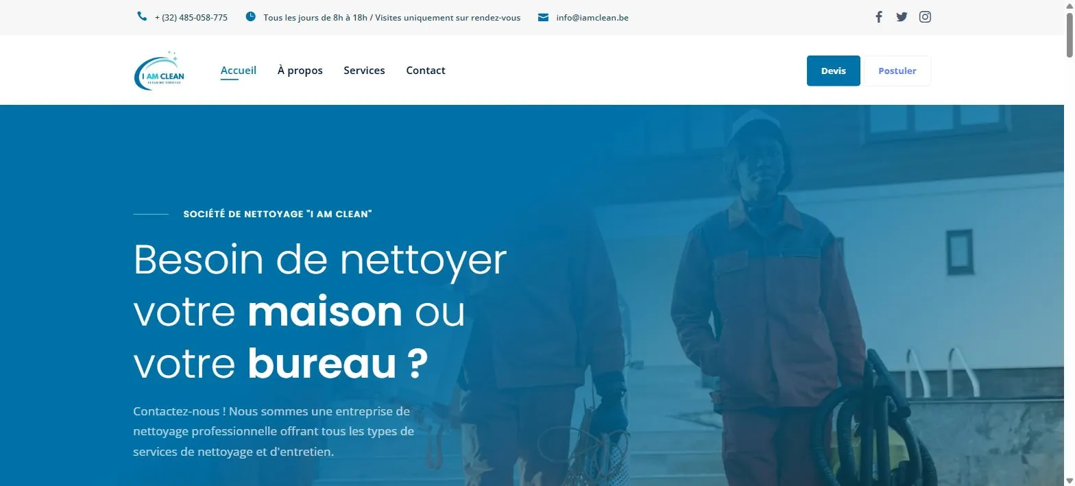 Page d’accueil du site I AM CLEAN : deux agents d’entretien en tenue devant un bâtiment, sur un aplat bleu, avec le titre « Besoin de nettoyer votre maison ou votre bureau ? »